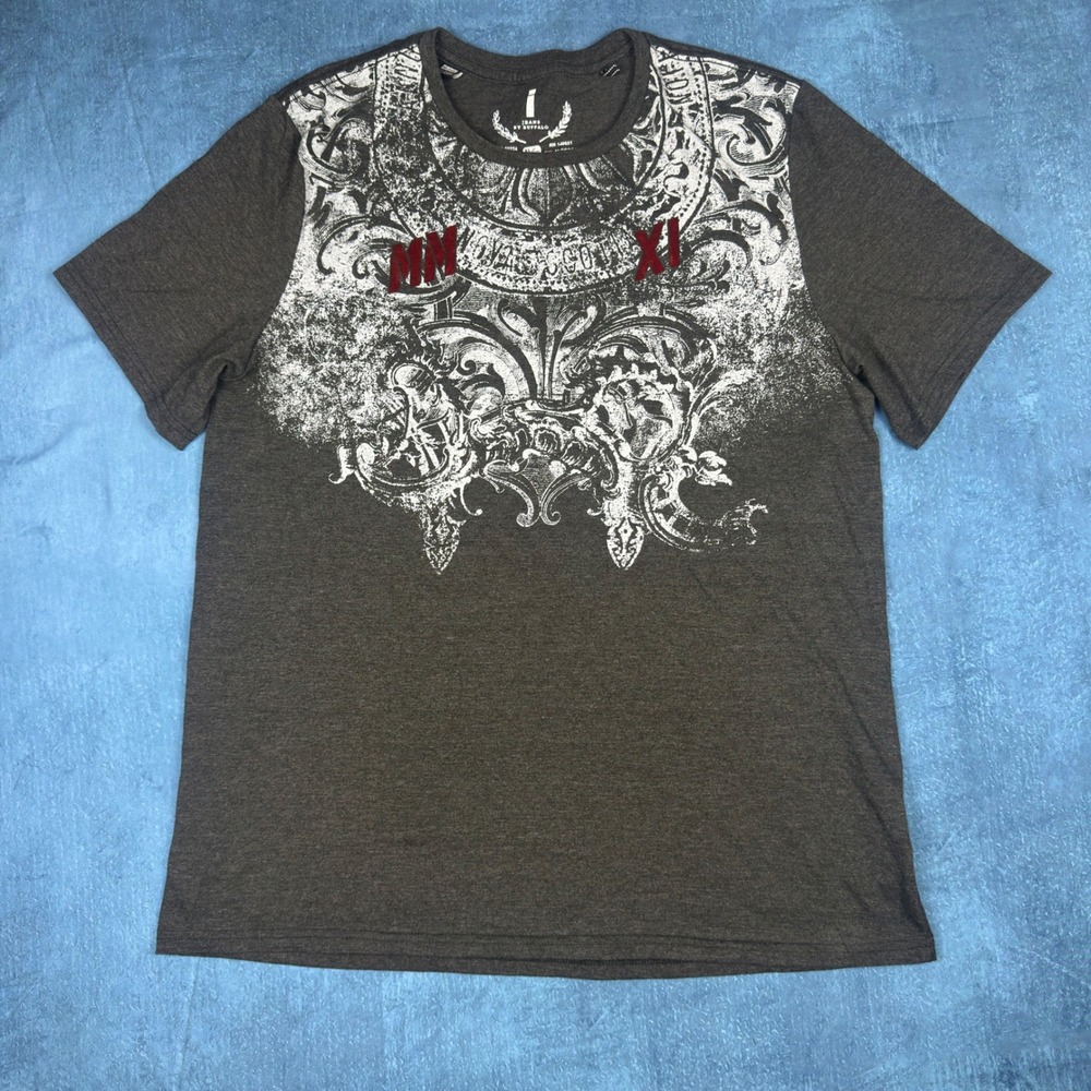 Jeans by Buffalo Mens XL Charcoal Grey Graphic T-Shirt MMXI Filigree Print Tee